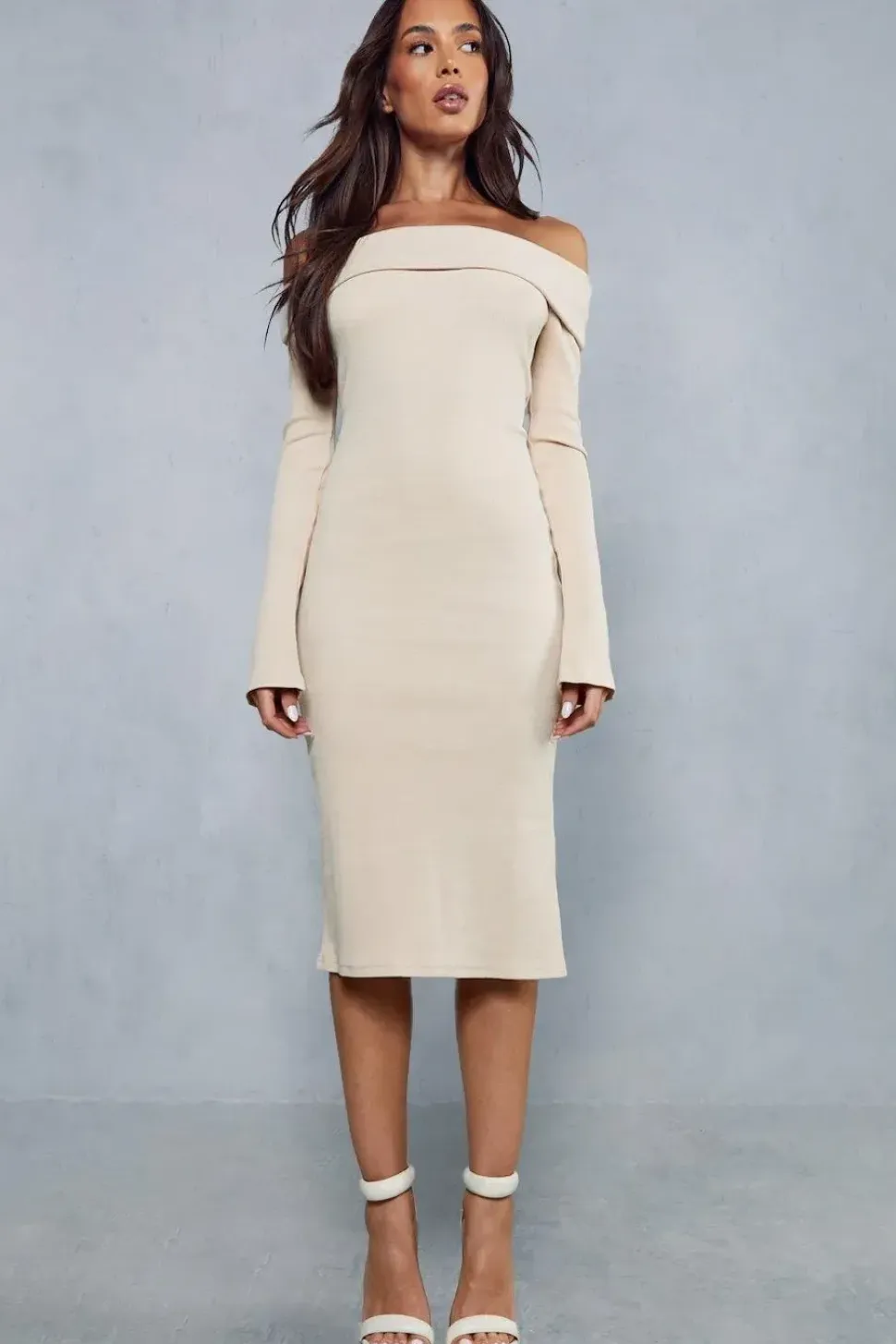 Rib Off The Shoulder Long Sleeve Midi Dress
