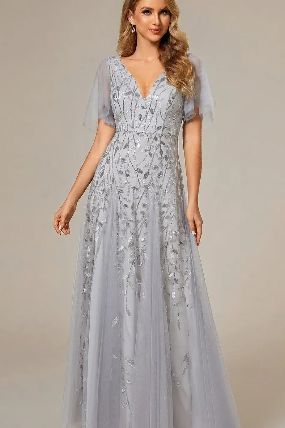 Romantic Shimmery V Neck Ruffle Sleeves Maxi Long Evening Gowns