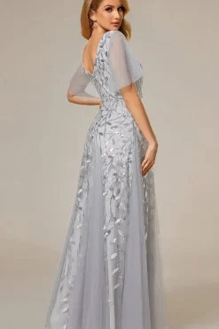 Romantic Shimmery V Neck Ruffle Sleeves Maxi Long Evening Gowns