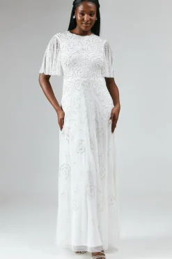 Rose Embroidered Angel Sleeve Wedding Dress