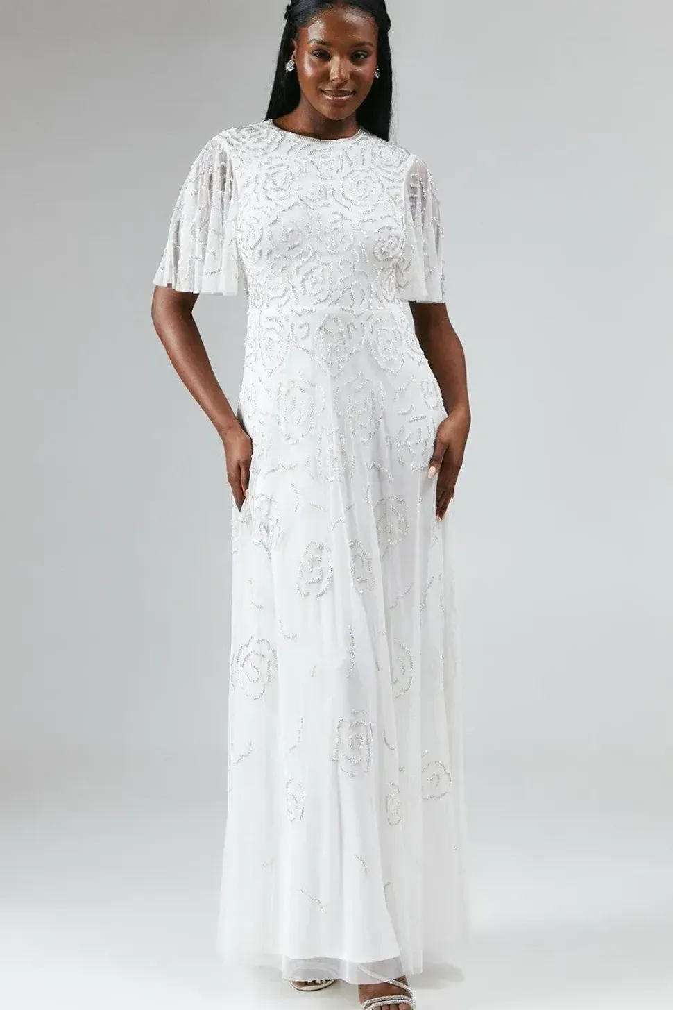 Rose Embroidered Angel Sleeve Wedding Dress