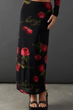 Rose Floral Mesh Bow Detail Midi Skirt