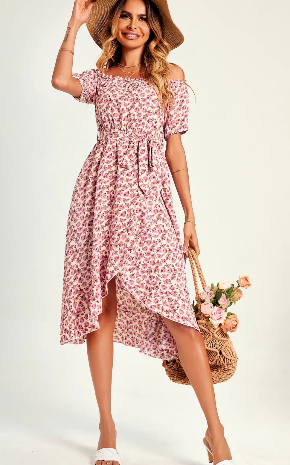 Rose Garden Bardot Frill High Low Slip Midi Dress In Pink