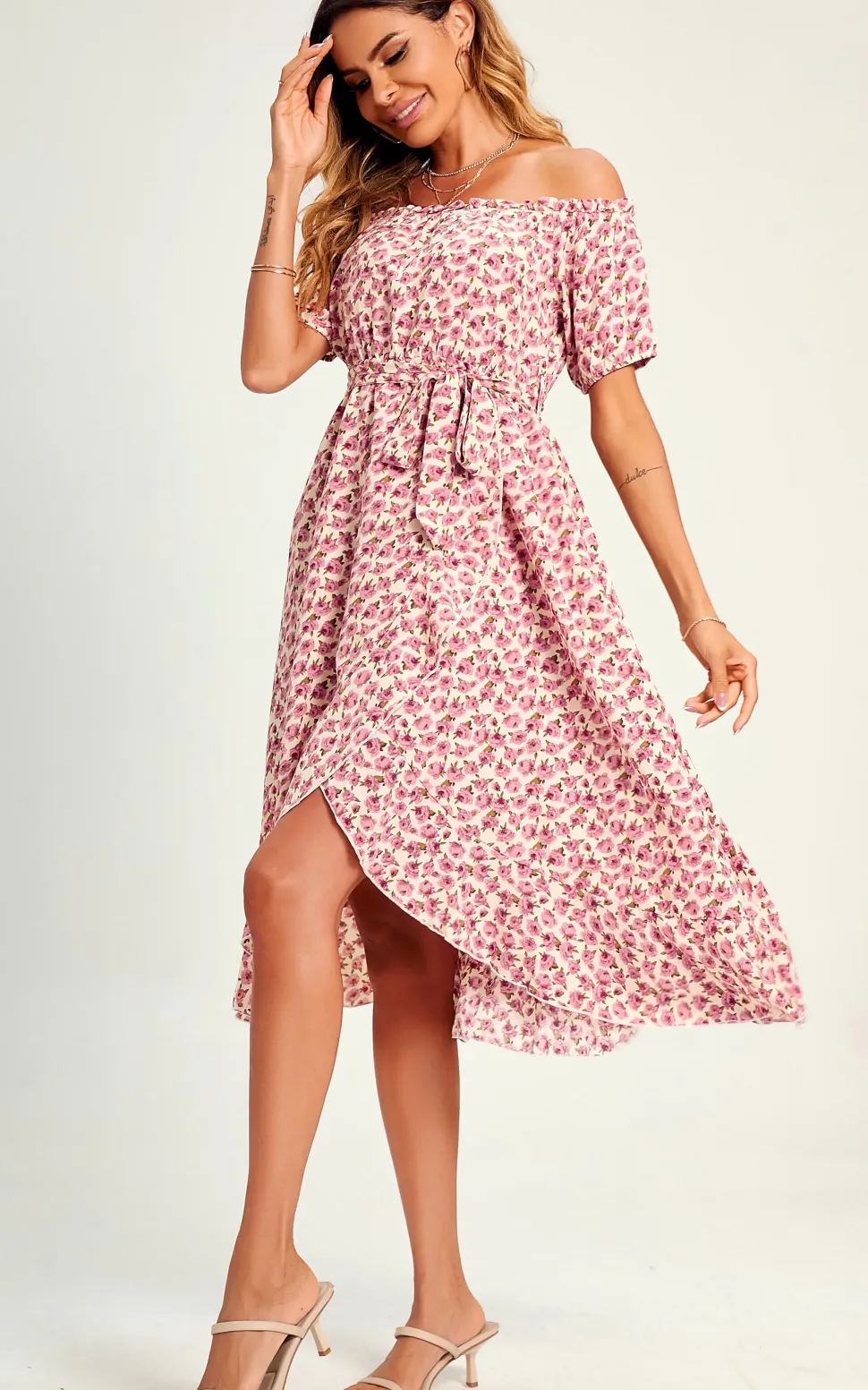 Rose Garden Bardot Frill High Low Slip Midi Dress In Pink