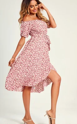 Rose Garden Bardot Frill High Low Slip Midi Dress In Pink