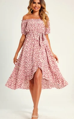Rose Garden Bardot Frill High Low Slip Midi Dress In Pink