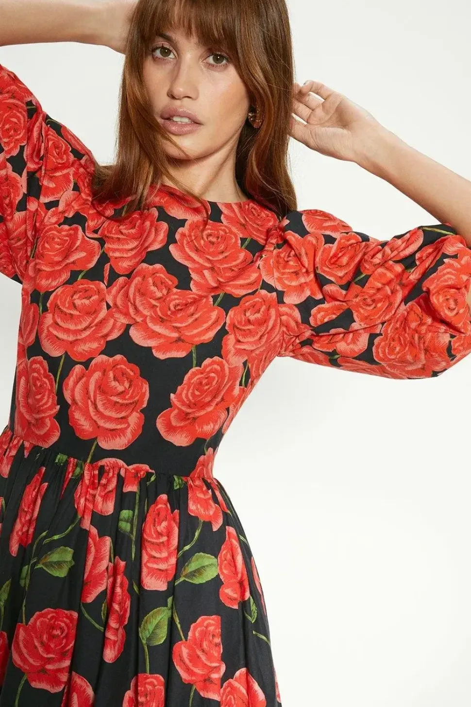 Rose Placement Puff Sleeve Midi Dress