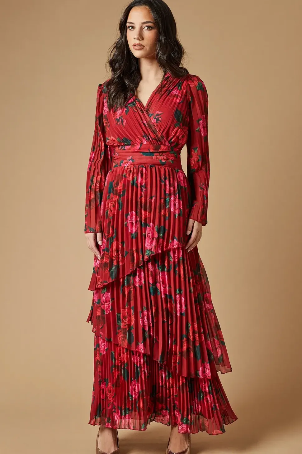 Rose printed Pleated Asymmetric Tiered Maxi Dress