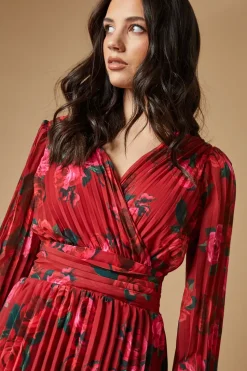 Rose printed Pleated Asymmetric Tiered Maxi Dress