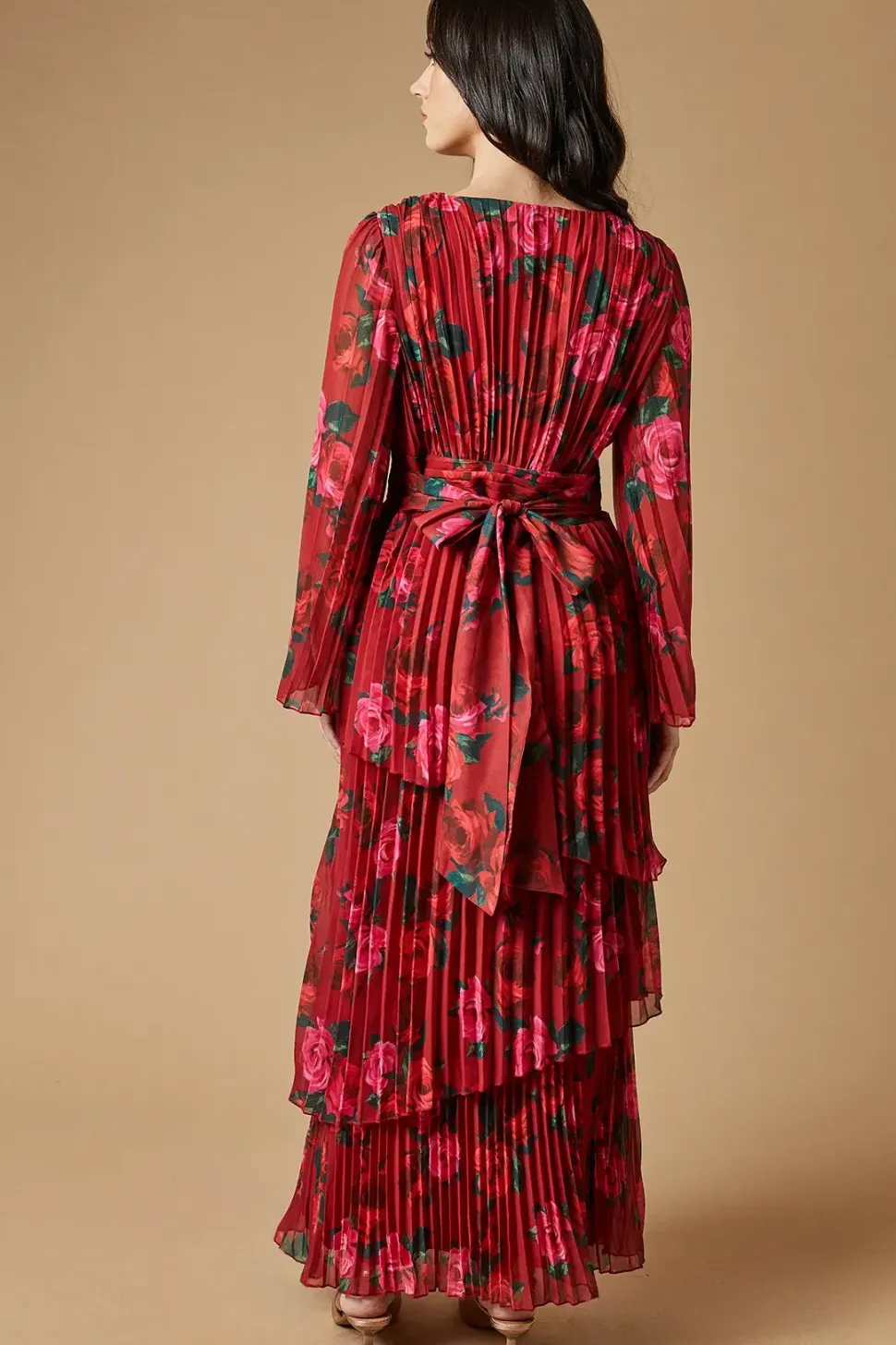 Rose printed Pleated Asymmetric Tiered Maxi Dress