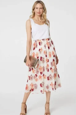 Rose Print Pleated High Waist Midi Skirt