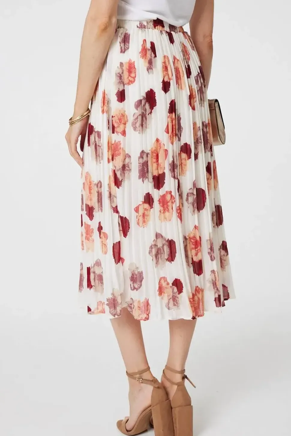 Rose Print Pleated High Waist Midi Skirt