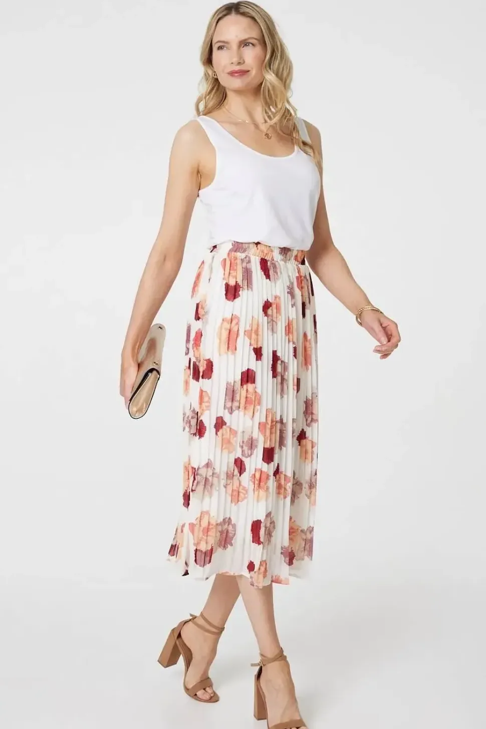 Rose Print Pleated High Waist Midi Skirt
