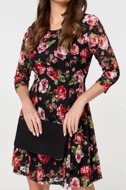 Rose Print 3/4 Sleeve Short Skater Dress