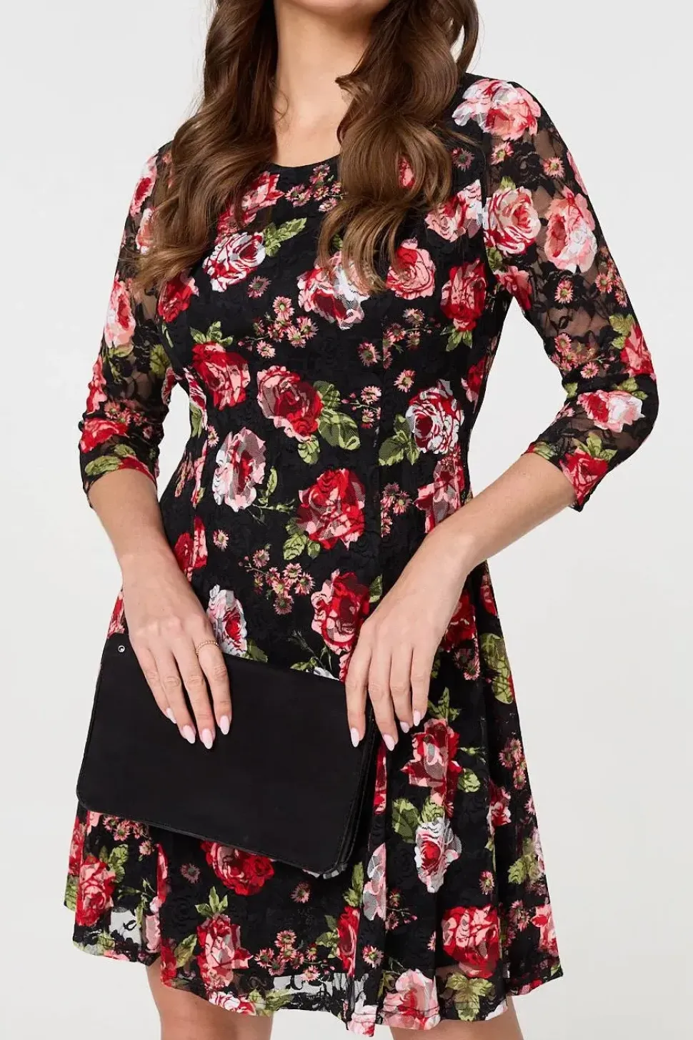 Rose Print 3/4 Sleeve Short Skater Dress