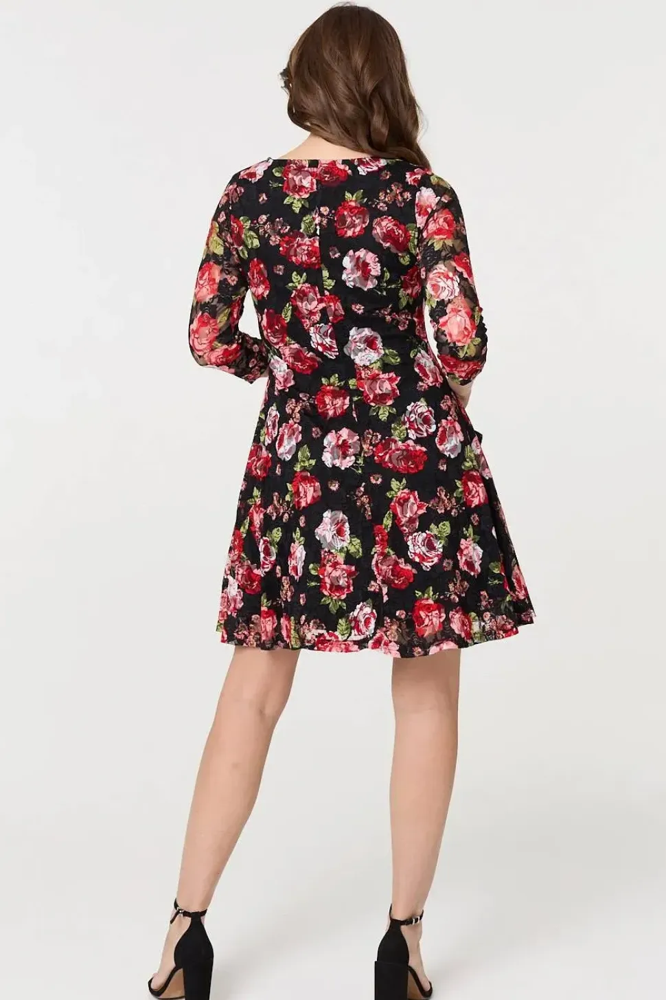 Rose Print 3/4 Sleeve Short Skater Dress