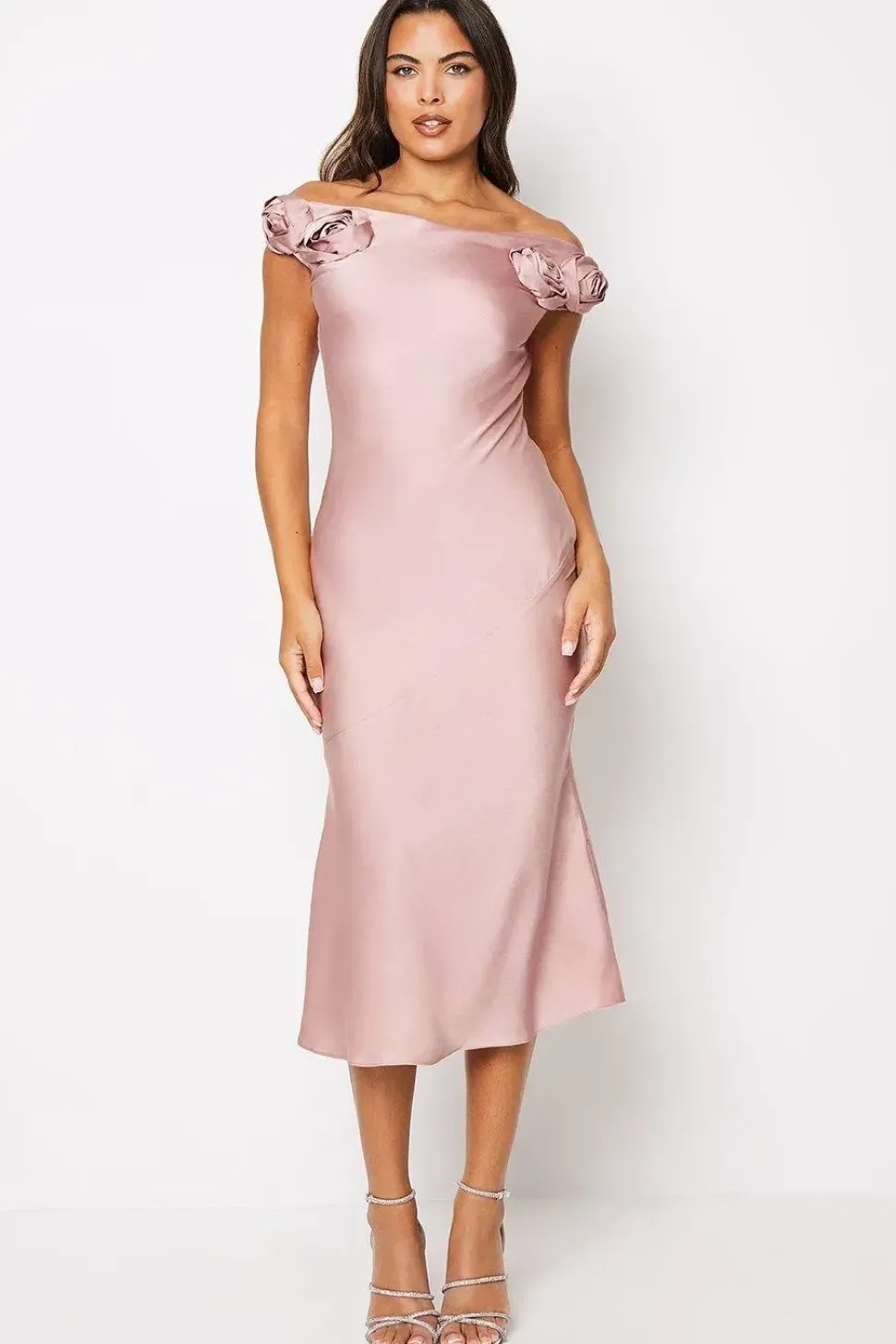 Rose Shoulder Bias Cut Midi Wedding Guest Dress