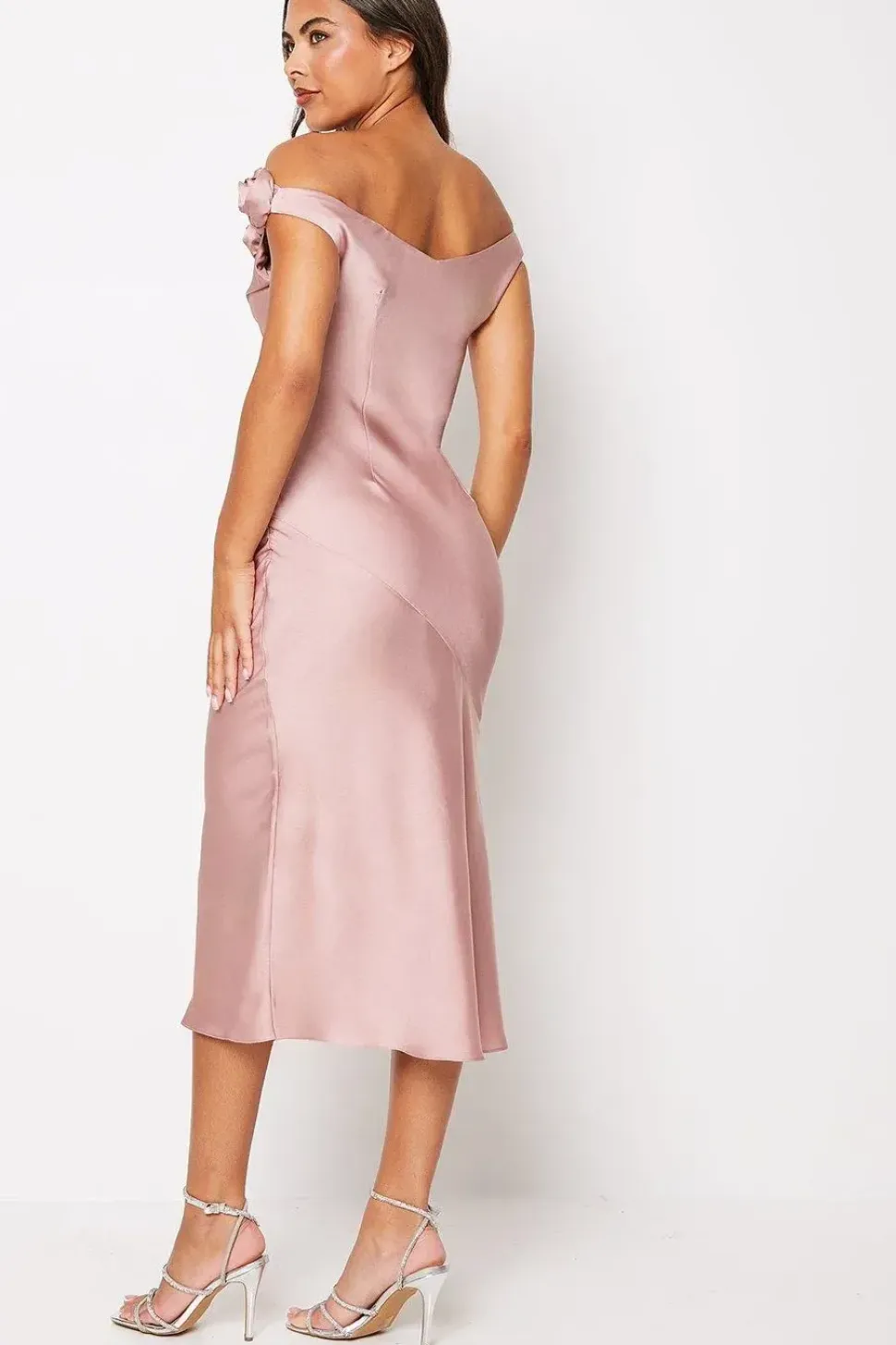 Rose Shoulder Bias Cut Midi Wedding Guest Dress