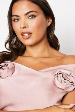 Rose Shoulder Bias Cut Midi Wedding Guest Dress