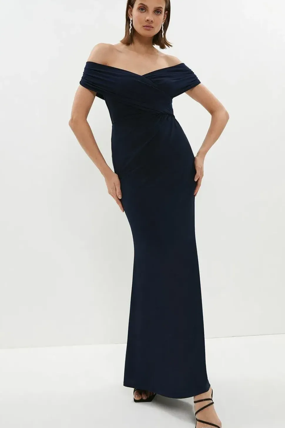 Ruched Bardot Fishtail Maxi Dress