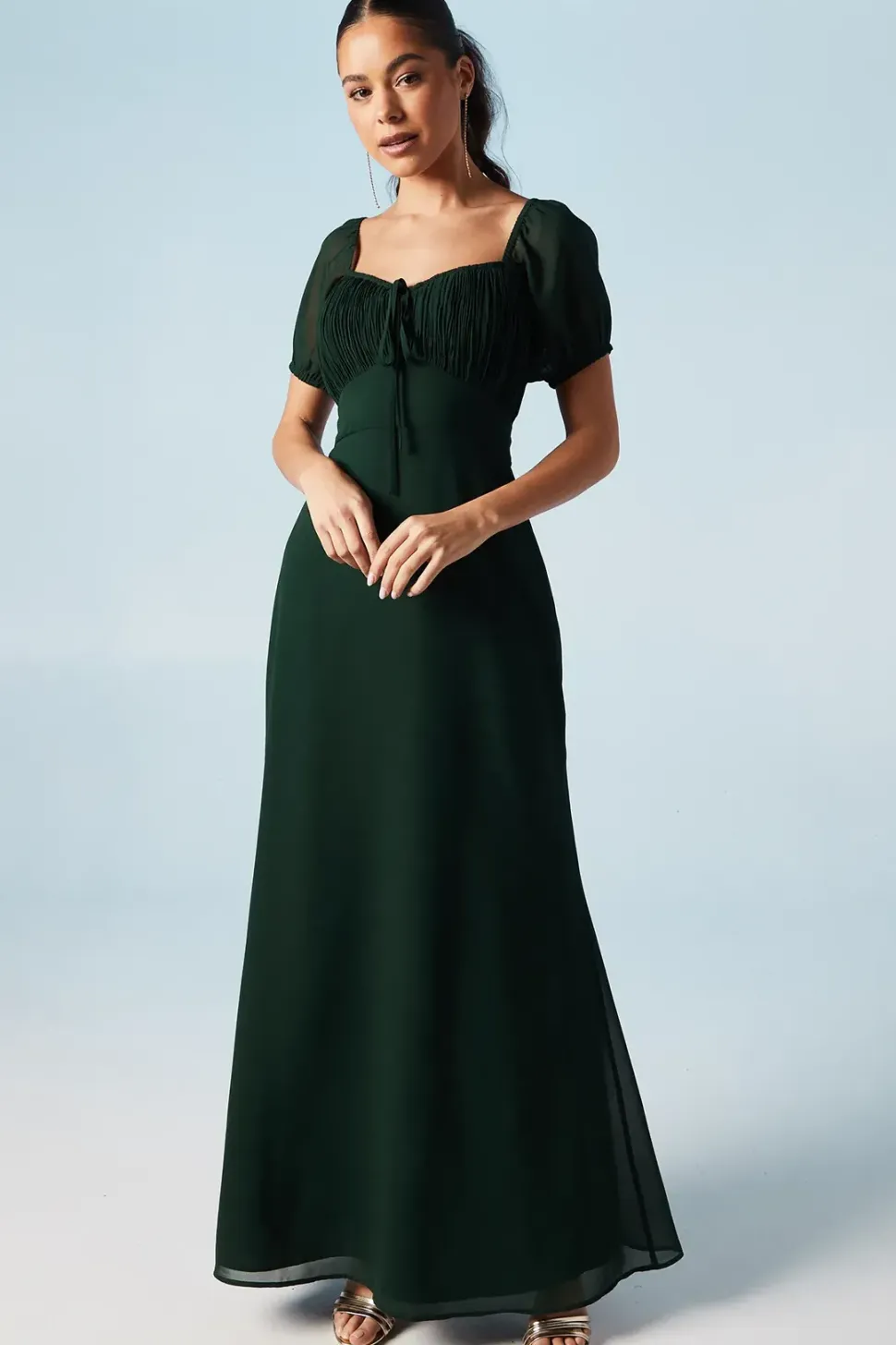 Ruched Bodice Puff Sleeve Chiffon Maxi Bridesmaids Dress