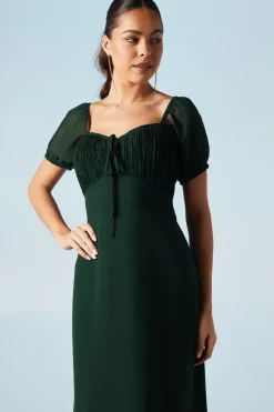 Ruched Bodice Puff Sleeve Chiffon Maxi Bridesmaids Dress