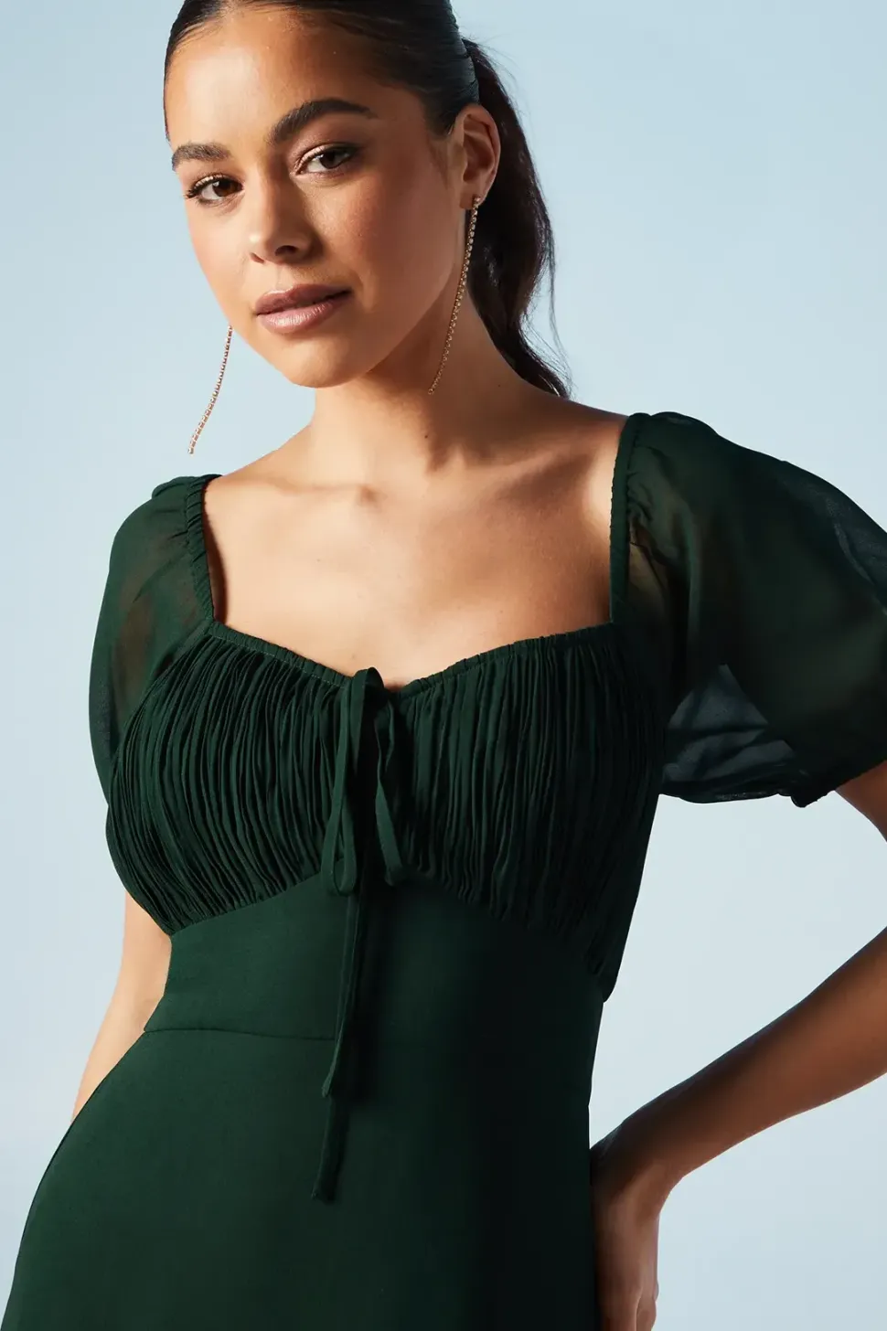 Ruched Bodice Puff Sleeve Chiffon Maxi Bridesmaids Dress