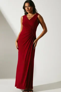Ruched Bodice V Neck Jersey Fishtail Maxi Dress