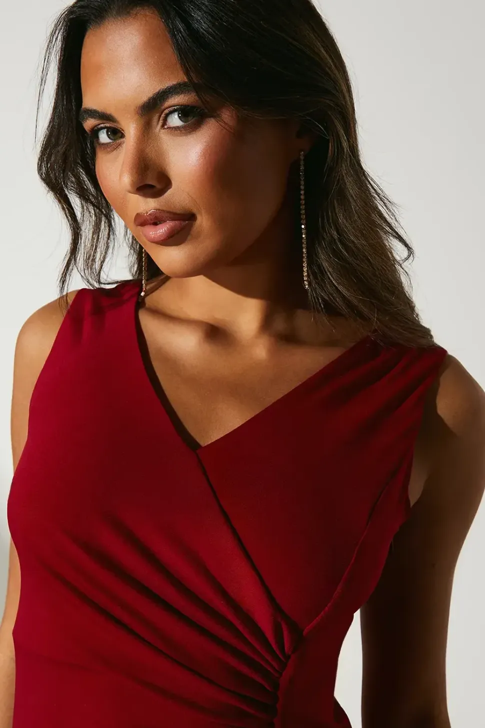 Ruched Bodice V Neck Jersey Fishtail Maxi Dress