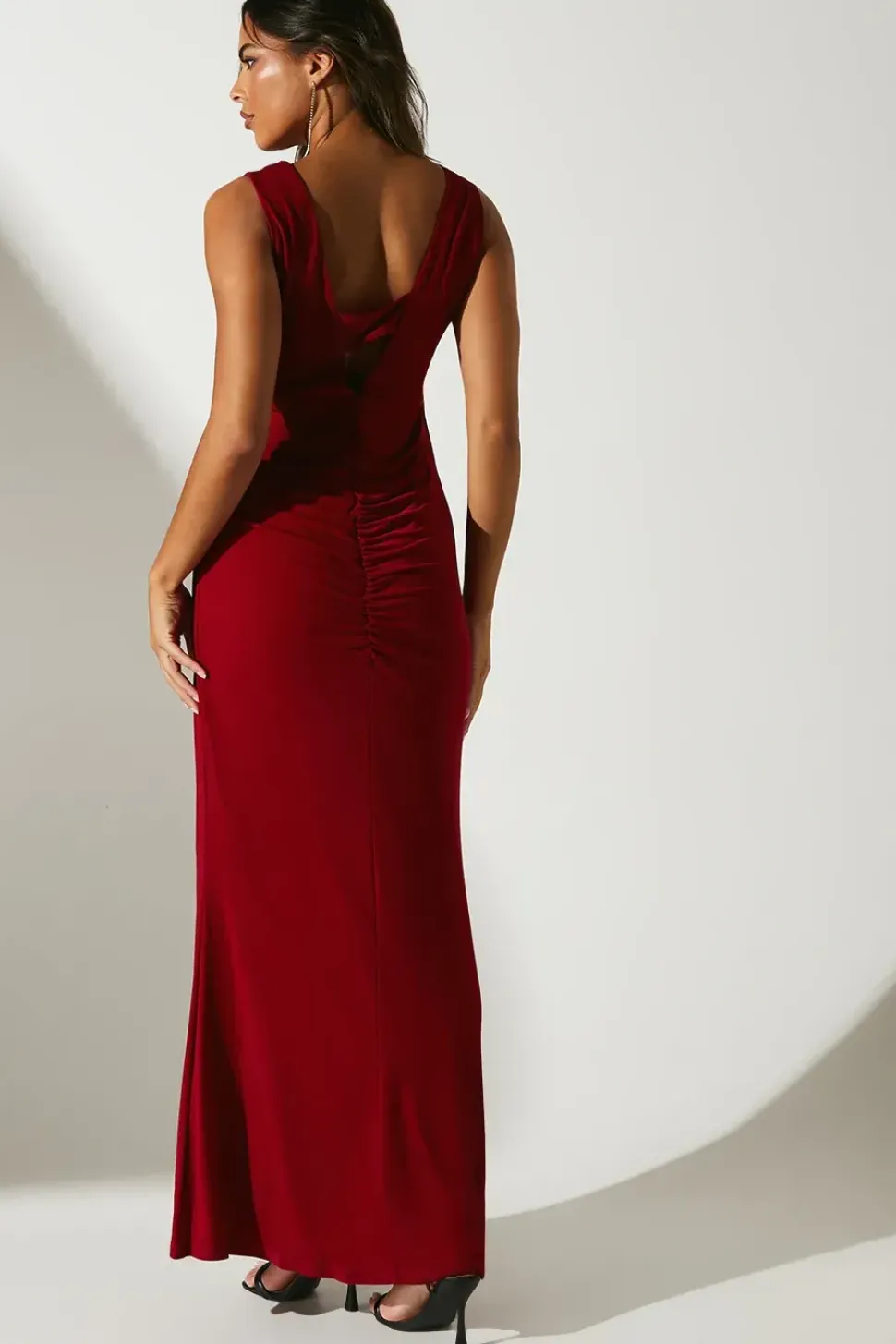 Ruched Bodice V Neck Jersey Fishtail Maxi Dress