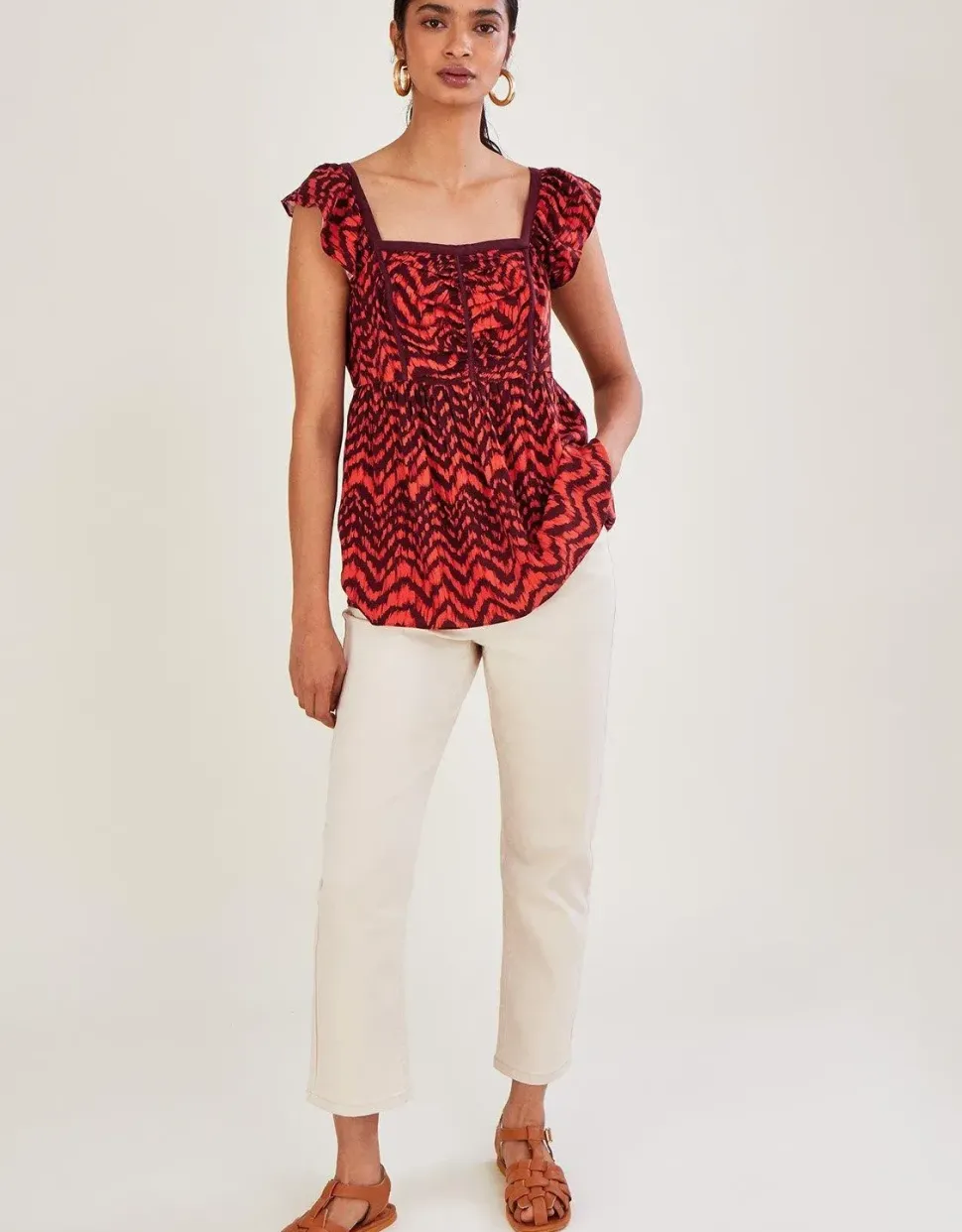 Ruched Bodice Zig-Zag Animal Print Top