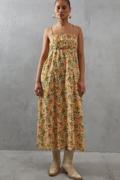 Ruched Bust Orange Print Strappy Midi Sundress