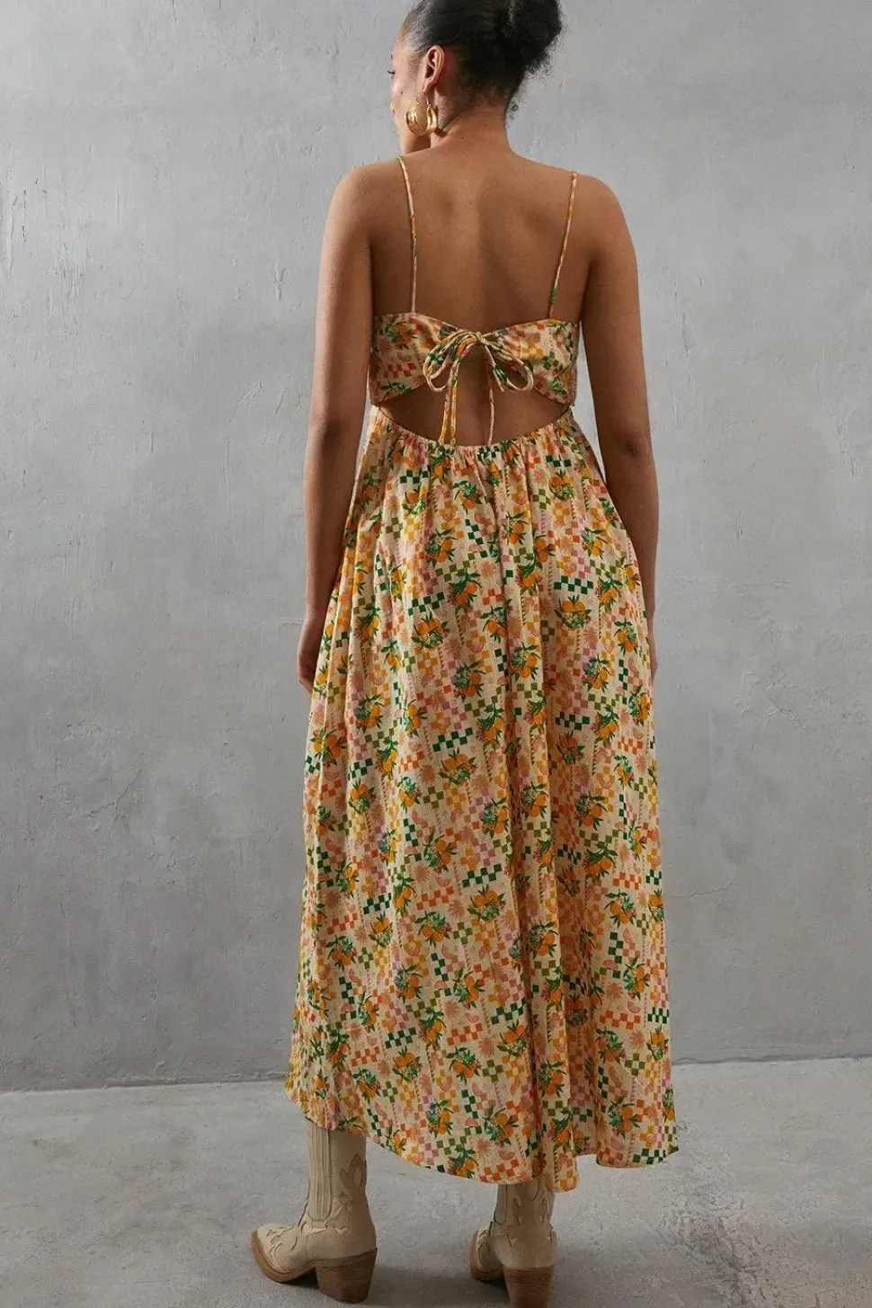Ruched Bust Orange Print Strappy Midi Sundress