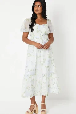 Ruched Bust Organza Tiered Midi Dress