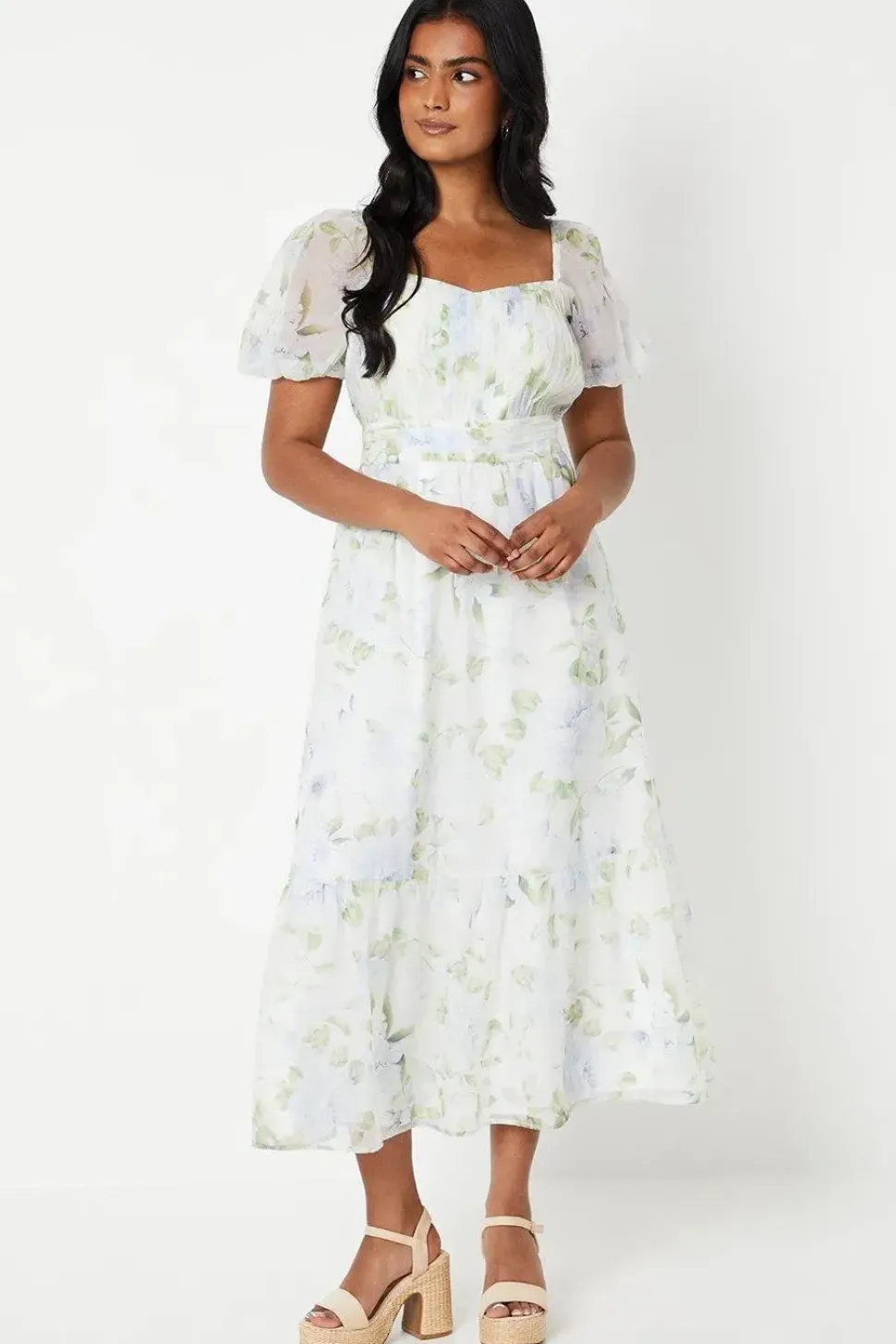 Ruched Bust Organza Tiered Midi Dress