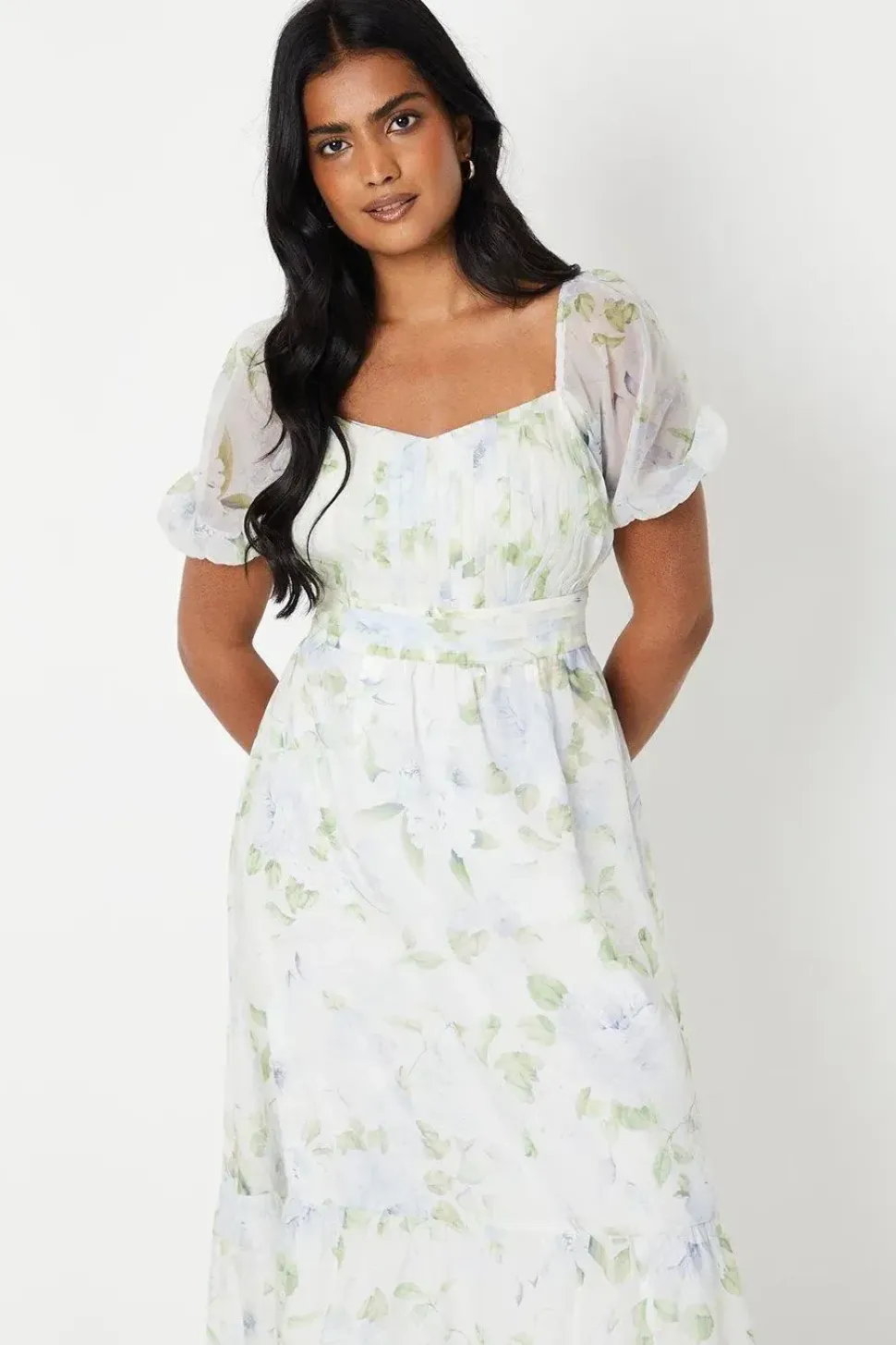 Ruched Bust Organza Tiered Midi Dress