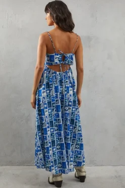 Ruched Bust Postcard Print Strappy Midi Sundress