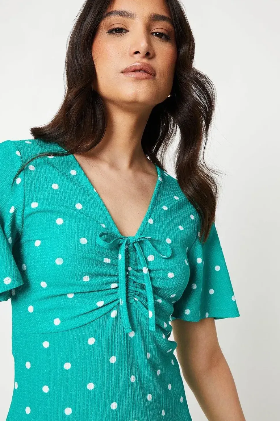 Ruched Front Angel Sleeve Mini Dress