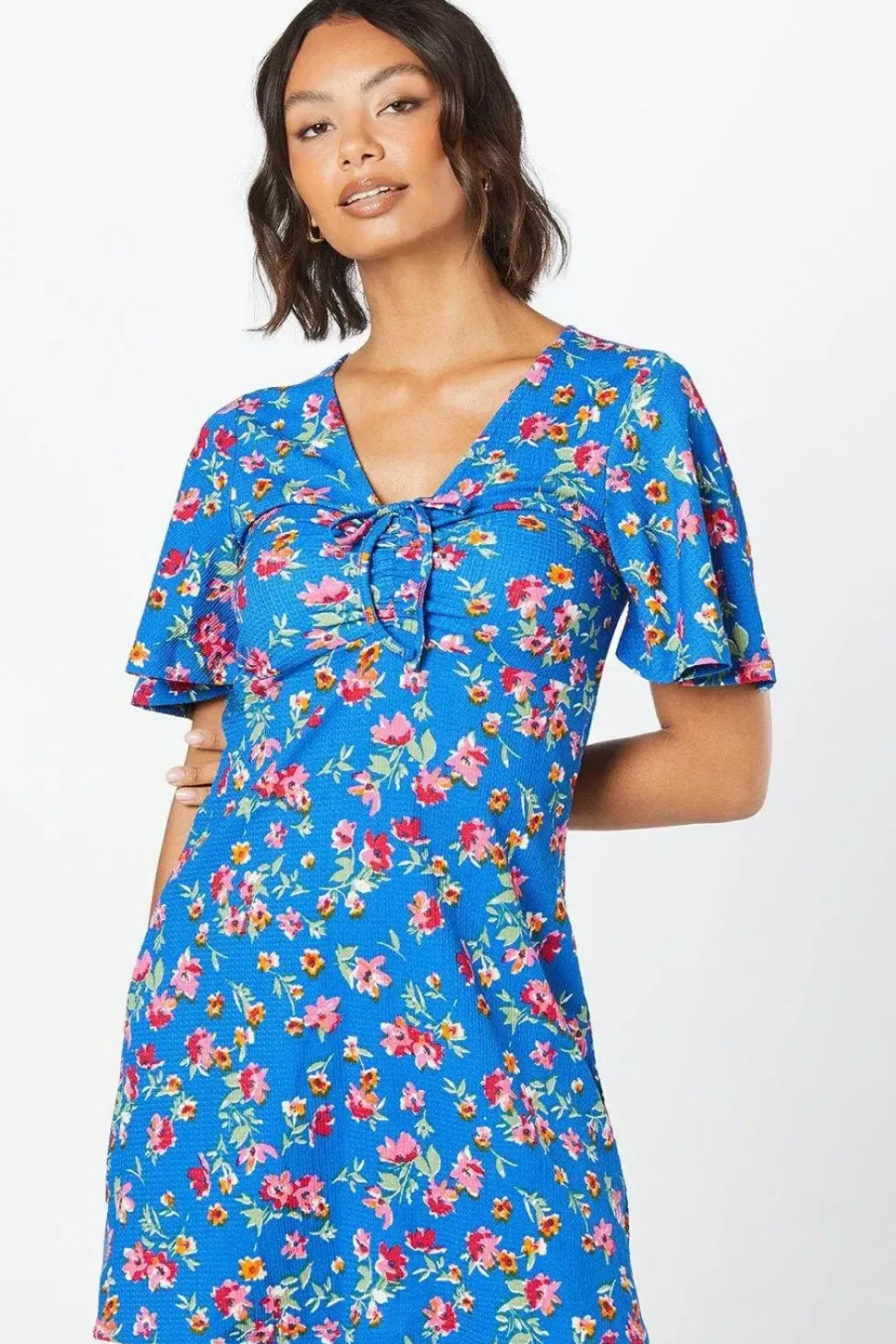 Ruched Front Angel Sleeve Mini Dress