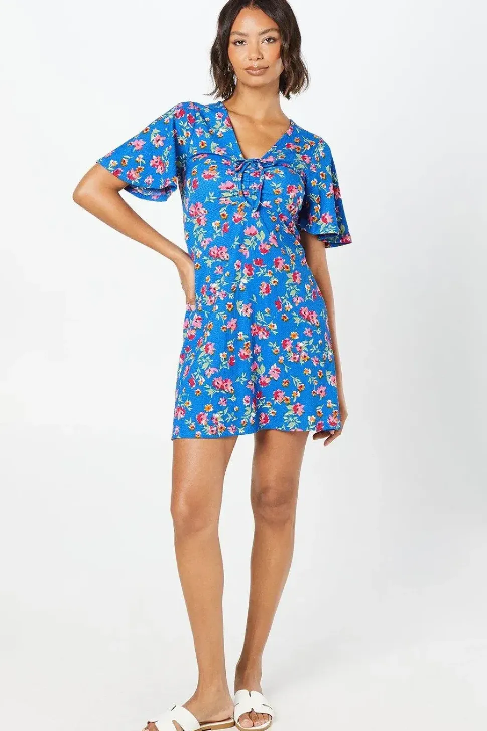 Ruched Front Angel Sleeve Mini Dress