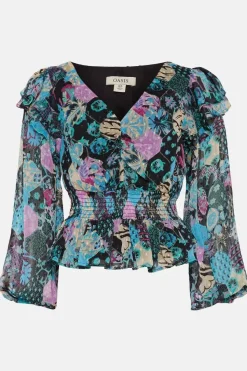 Ruched Front Dobby Floral Printed Top