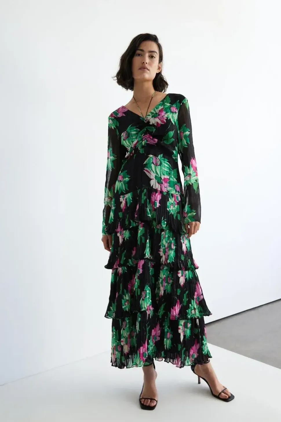 Ruched Front Pleated Maxi Dress