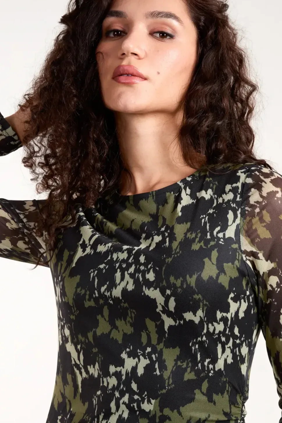 Ruched Mesh Midi Dress