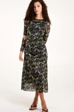 Ruched Mesh Midi Dress
