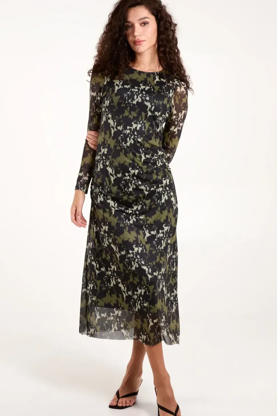 Ruched Mesh Midi Dress