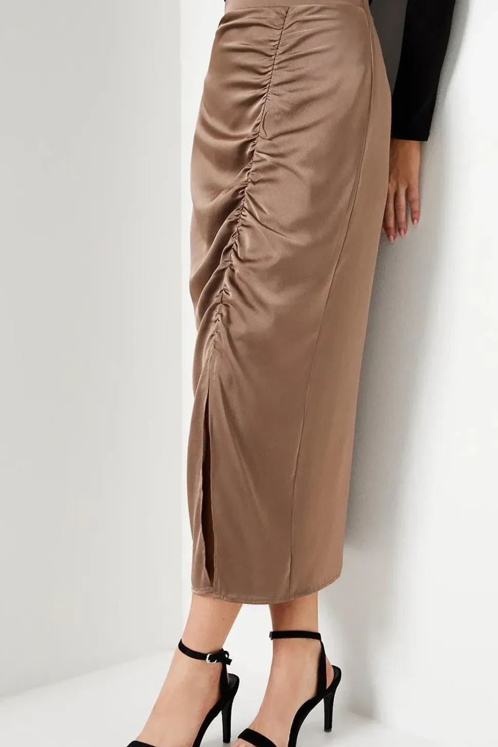 Ruched Satin Maxi Skirt