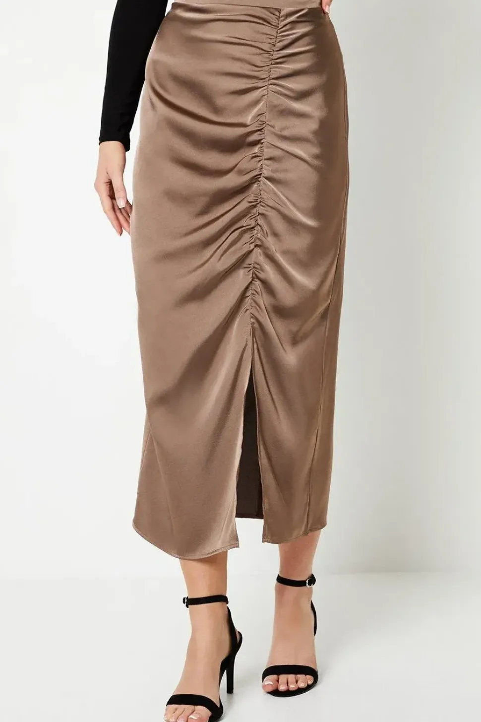 Ruched Satin Maxi Skirt