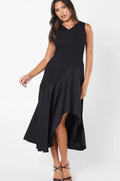 Ruched Shoulder Drape Skirt Crepe Midi Wedding Guest Dress