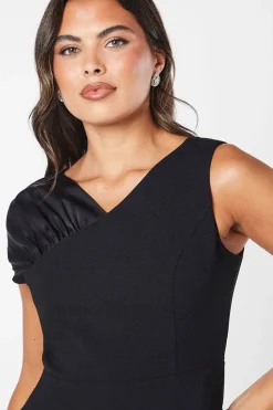 Ruched Shoulder Drape Skirt Crepe Midi Wedding Guest Dress