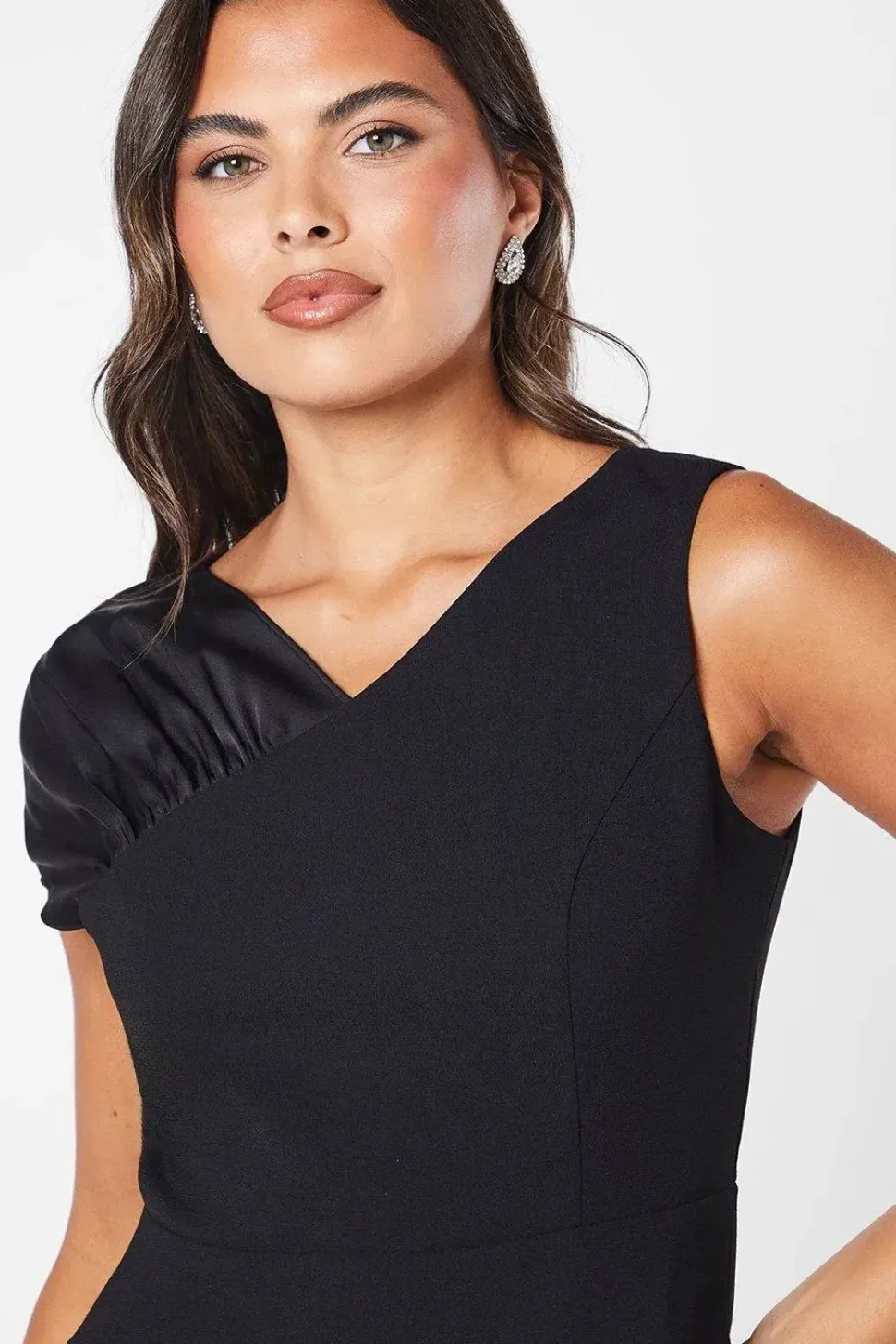 Ruched Shoulder Drape Skirt Crepe Midi Wedding Guest Dress
